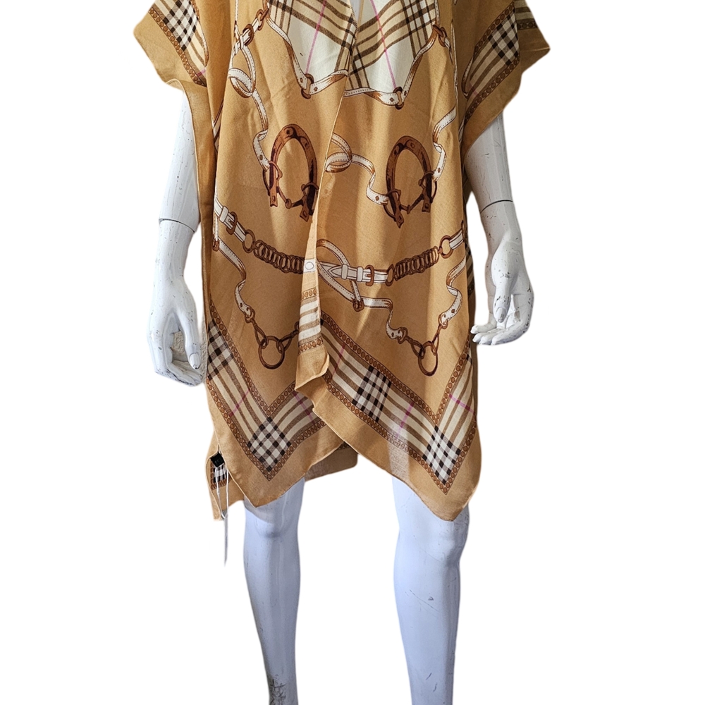 Tan Plaid Poncho with Equestrian Print